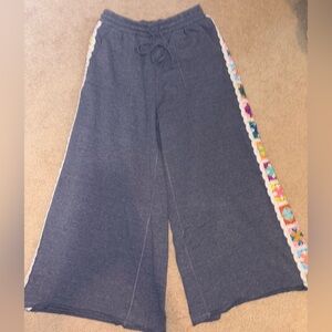 Three Bird Nest Gray Wide-Leg Pants with Multicolor Trim